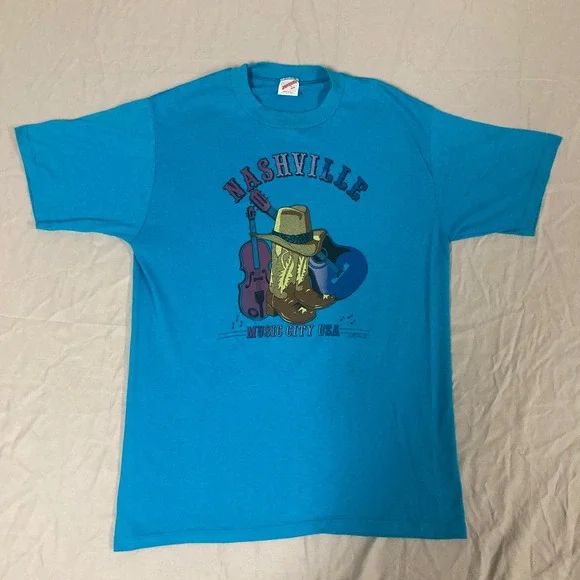 Vintage Jerzees Nashville Music City USA T-Shirt Blue Made in USA Large 50/50 - Picture 2 of 12